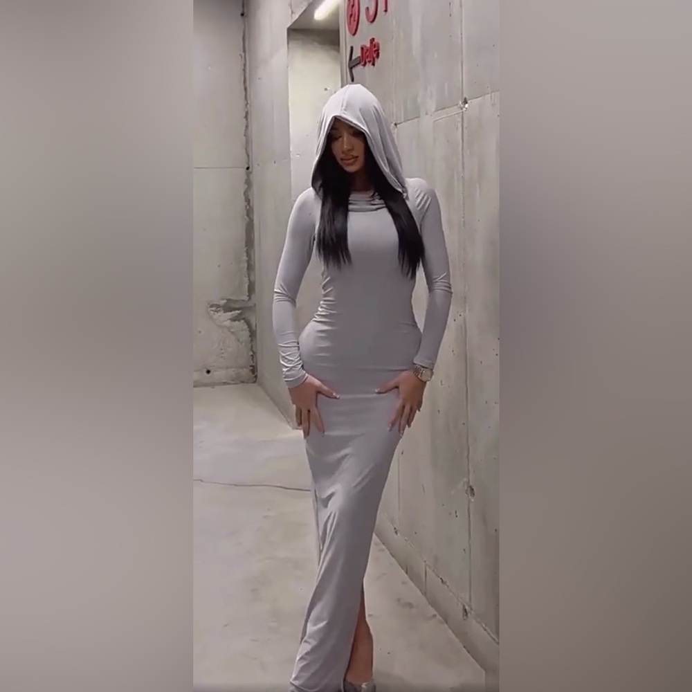 Black hooded bodycon dress long sleeve sexy maxi slit wasteland apocalypse goth - Picture 5 of 10